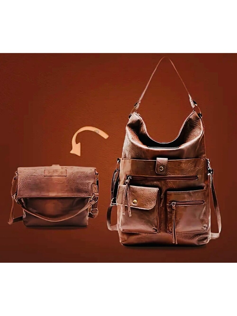 New -Vintage Inspired -Faux Leather Convertible Shoulder Bag -Brown